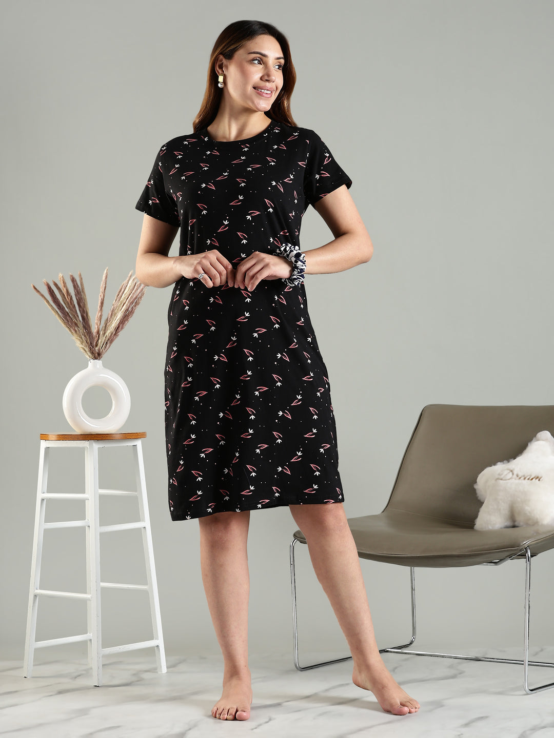 Classy Black Pink Floral Knee Length Night Dress with Pocket