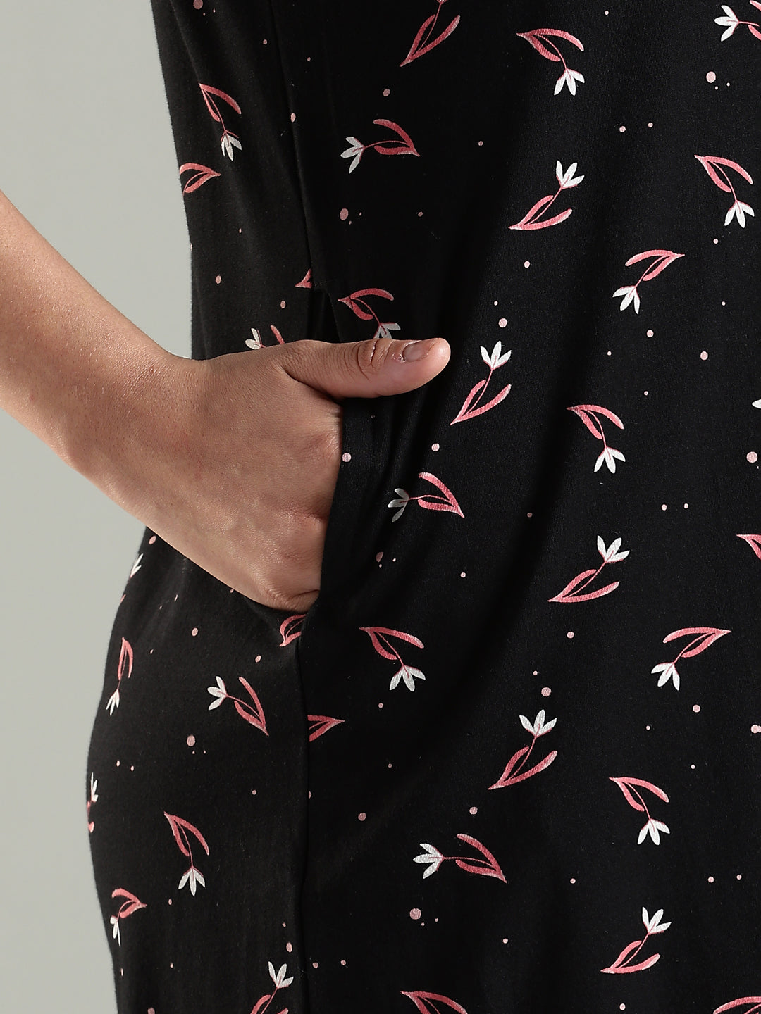 Classy Black Pink Floral Knee Length Night Dress with Pocket