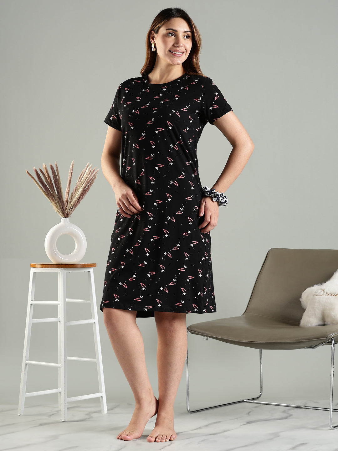 Classy Black Pink Floral Knee Length Night Dress with Pocket