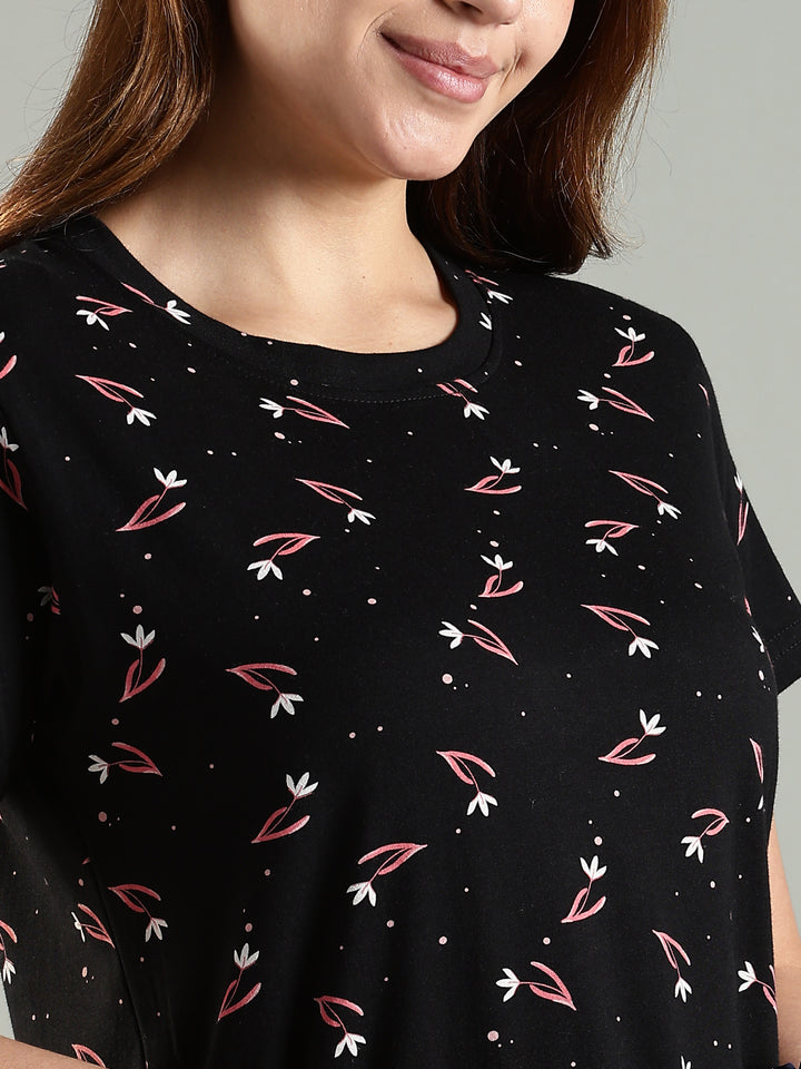 Classy Black Pink Floral Knee Length Night Dress with Pocket