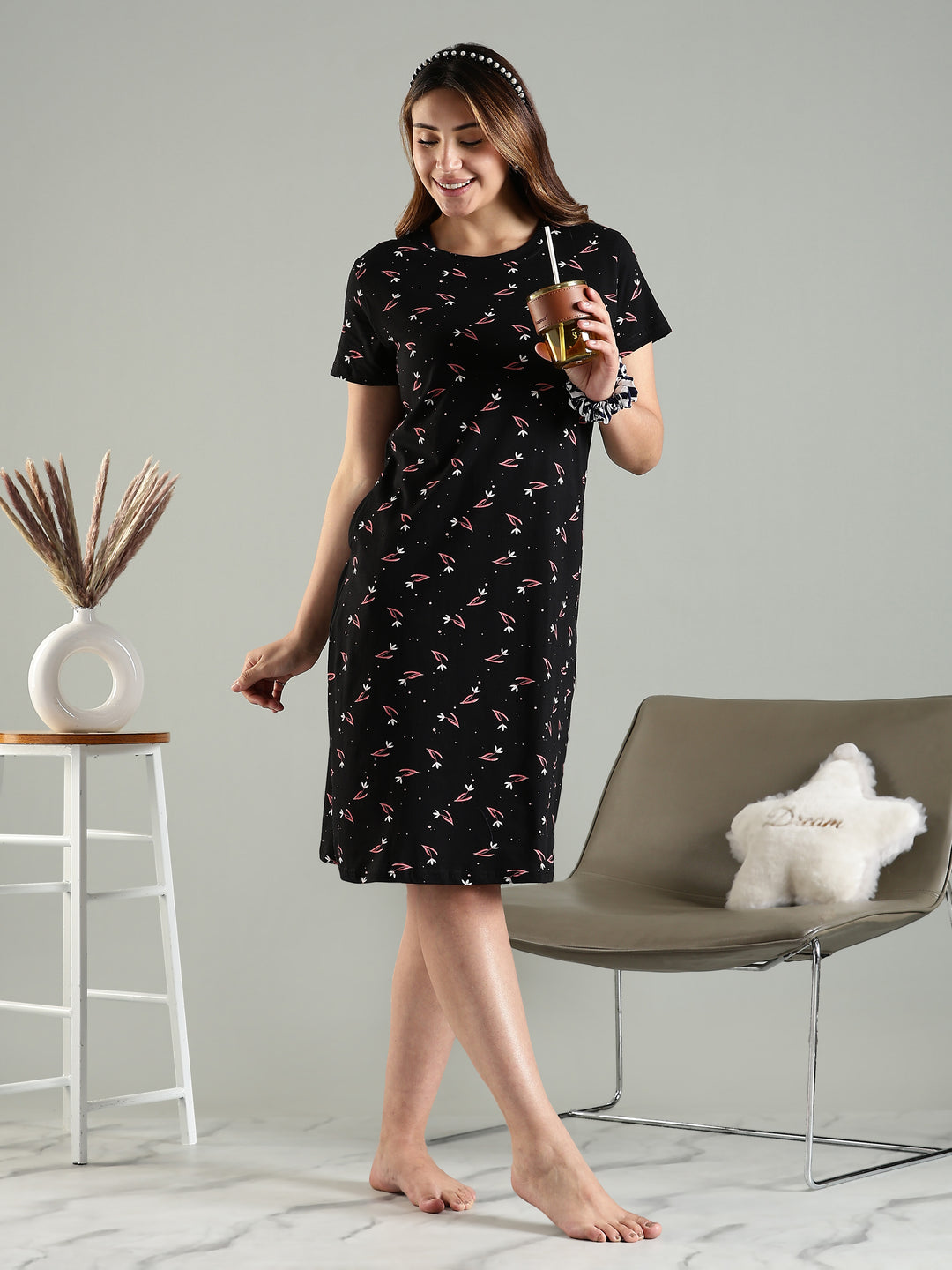 Classy Black Pink Floral Knee Length Night Dress with Pocket