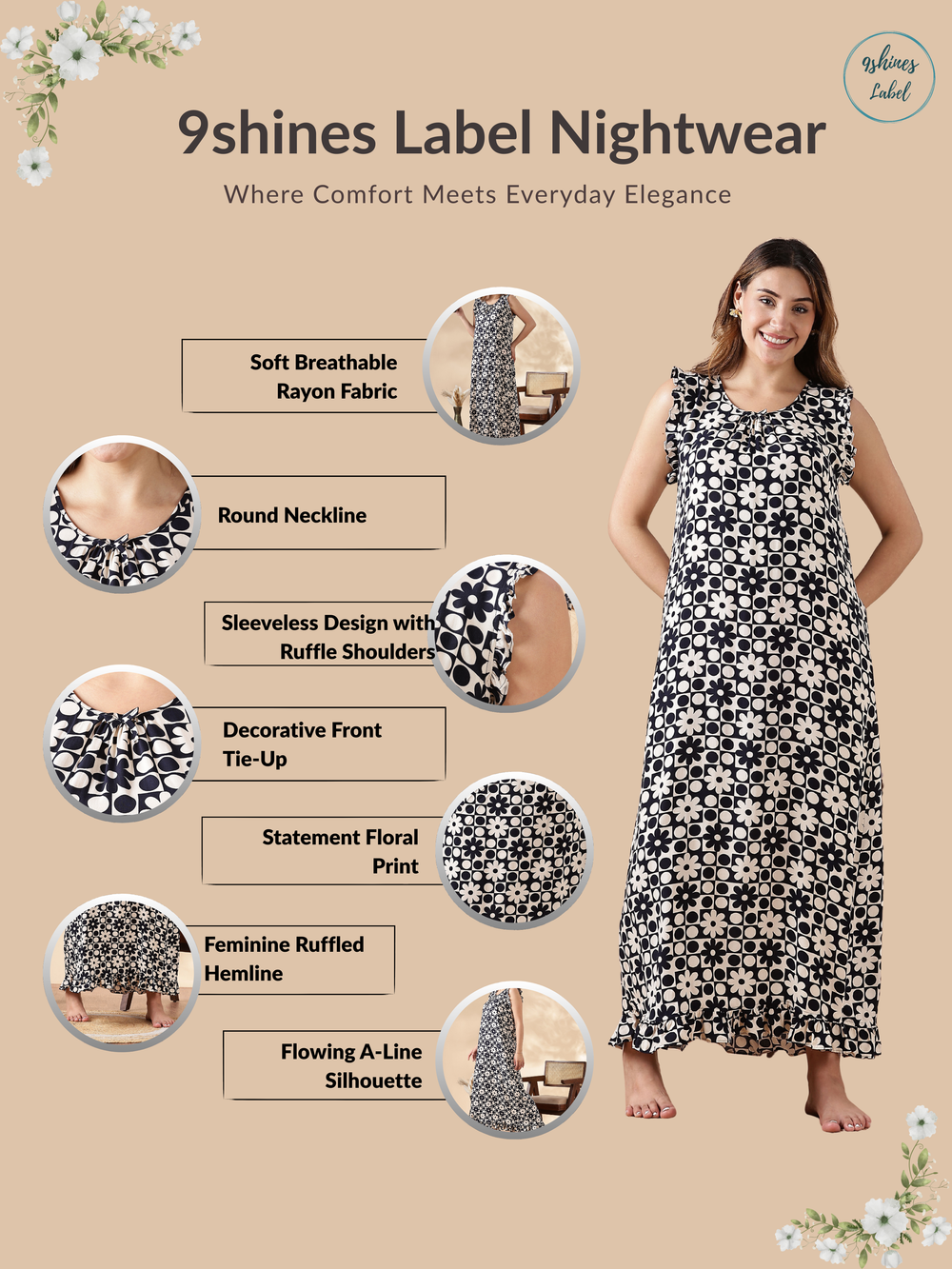 Black and White Rayon Sleeveless Nightdress