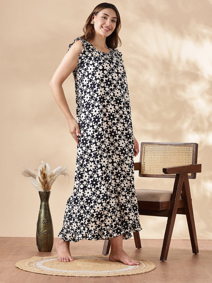 Black and White Rayon Sleeveless Nightdress