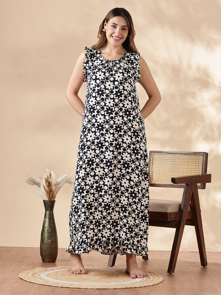Black and White Rayon Sleeveless Nightdress