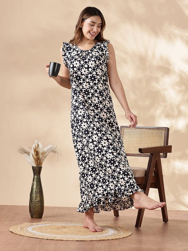 Black and White Rayon Sleeveless Nightdress