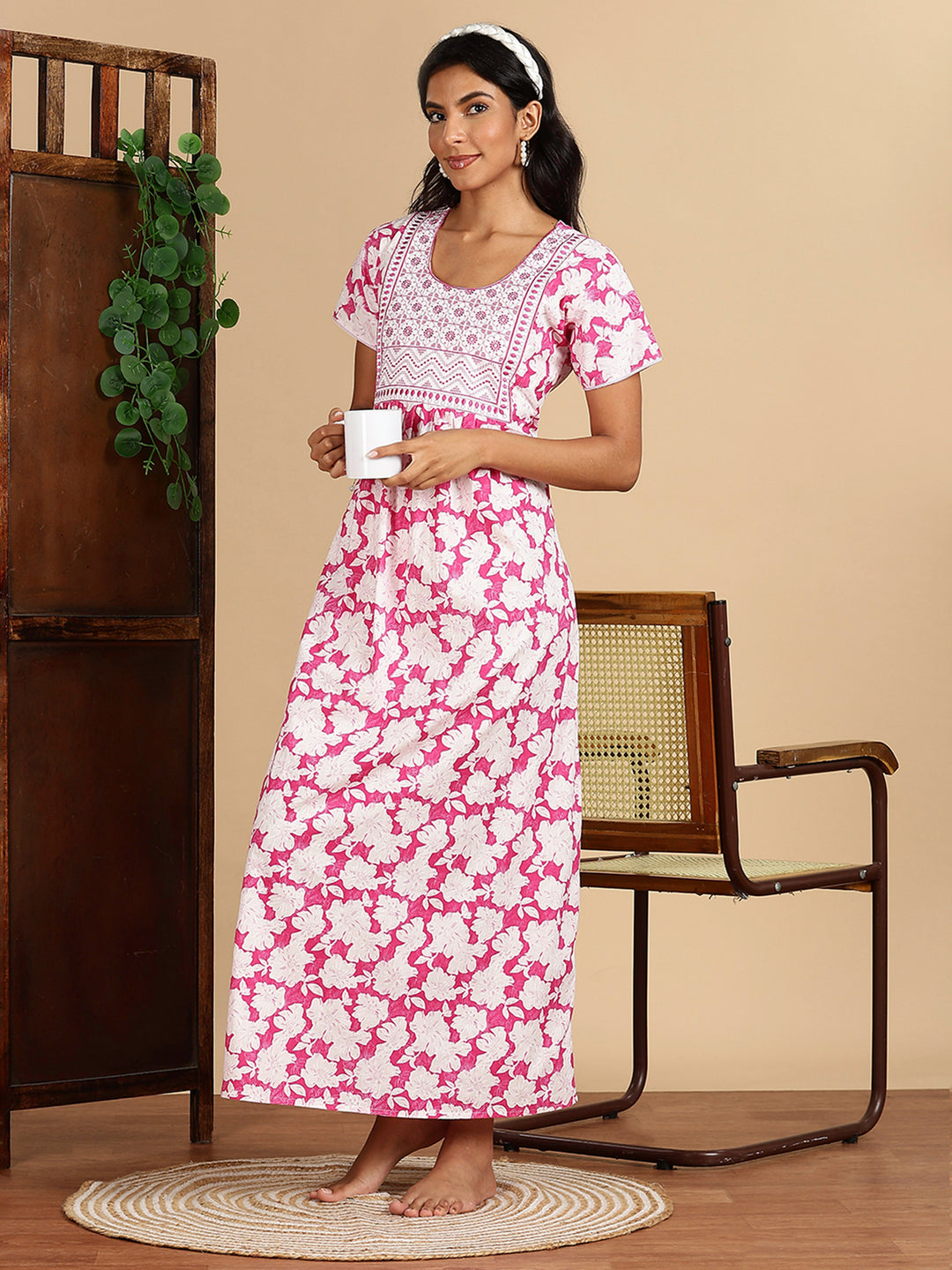 Buy Salmon Pink Jaipuri Cotton Night dress For Women Online