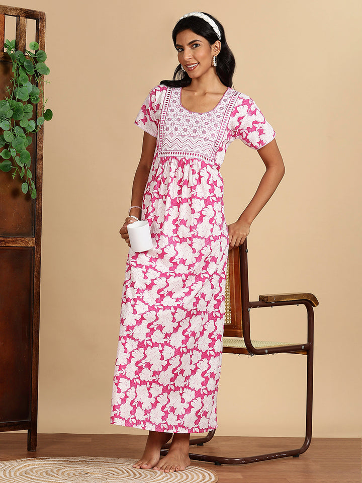 Blush Bloom Pink Best Pure Cotton Nightgown For Women