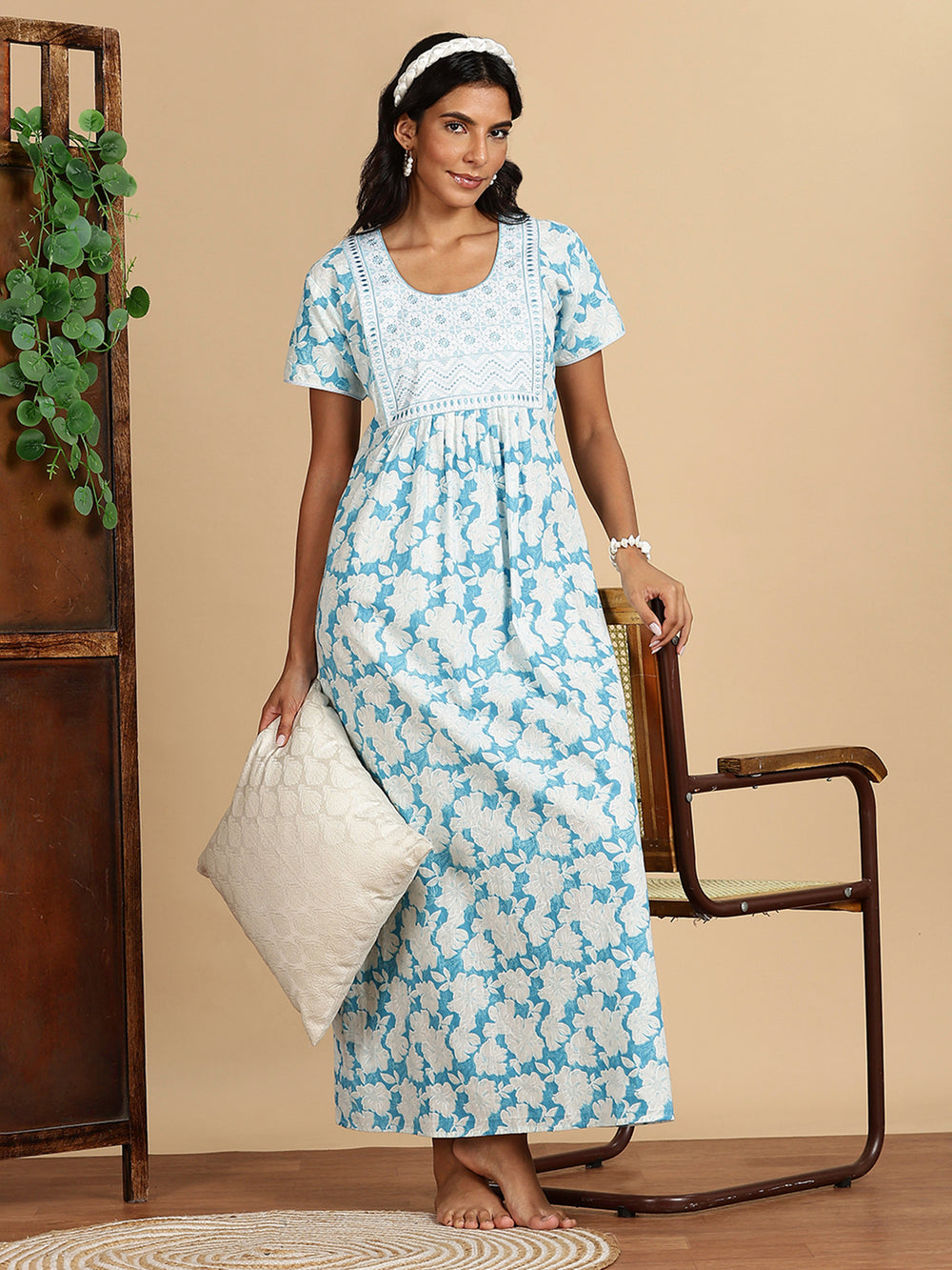 Ocean Breeze Blue Branded Pure Cotton Maxi Nighty for Women