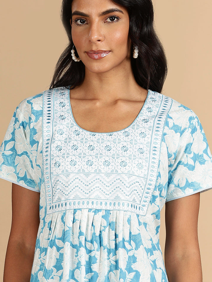 Ocean Breeze Blue Branded Pure Cotton Maxi Nighty for Women