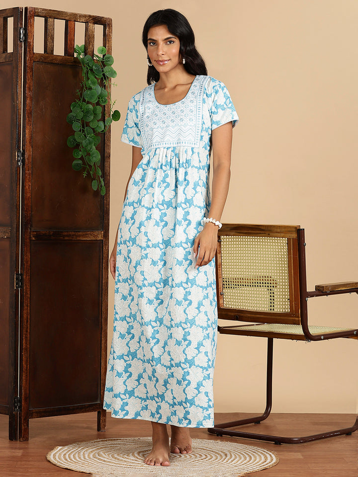 Ocean Breeze Blue Branded Pure Cotton Maxi Nighty for Women