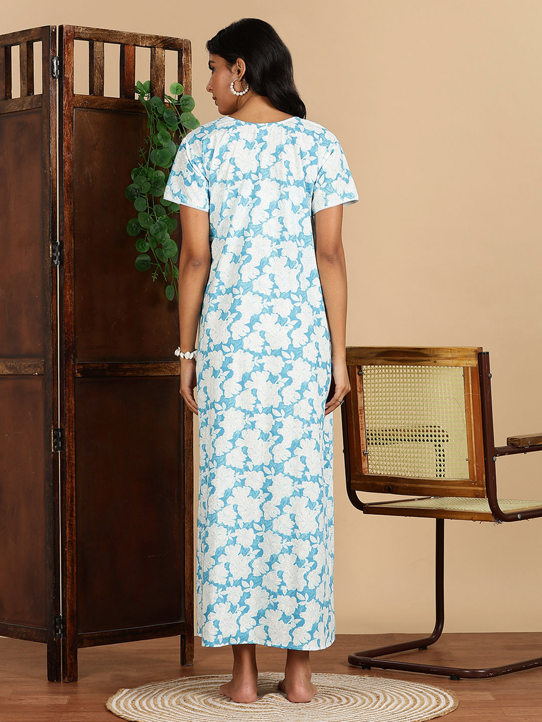 Ocean Breeze Blue Branded Pure Cotton Maxi Nighty for Women