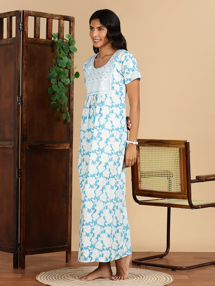Ocean Breeze Blue Branded Pure Cotton Maxi Nighty for Women