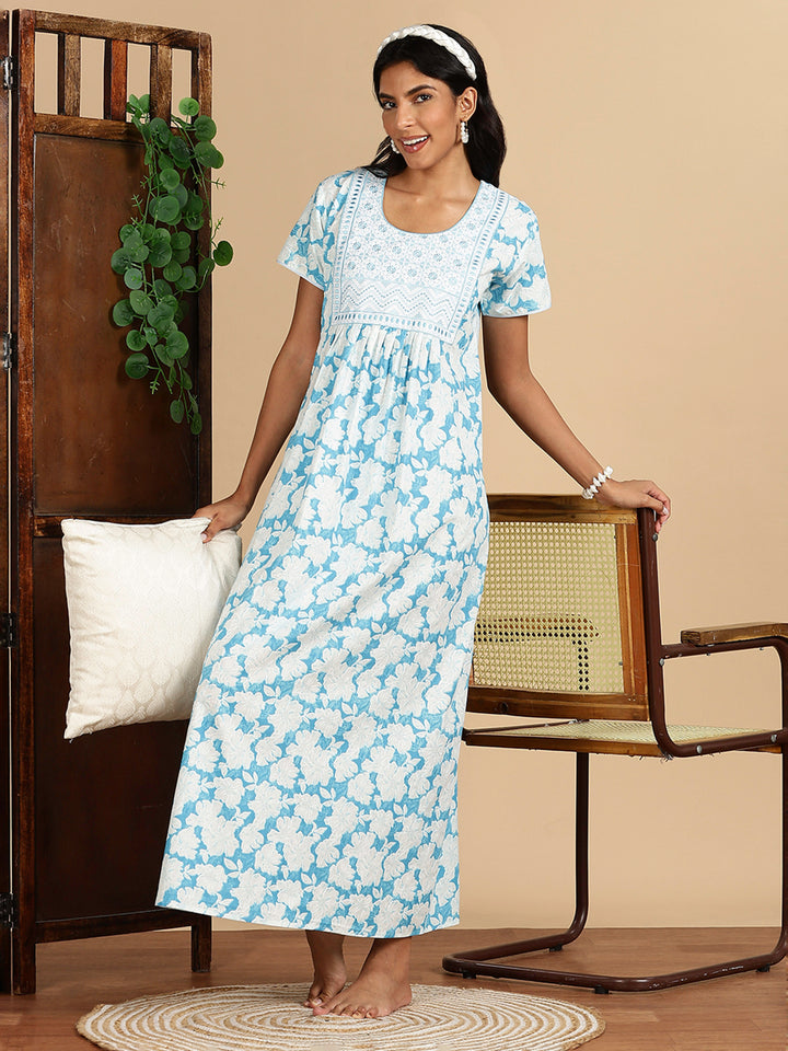 Ocean Breeze Blue Branded Pure Cotton Maxi Nighty for Women