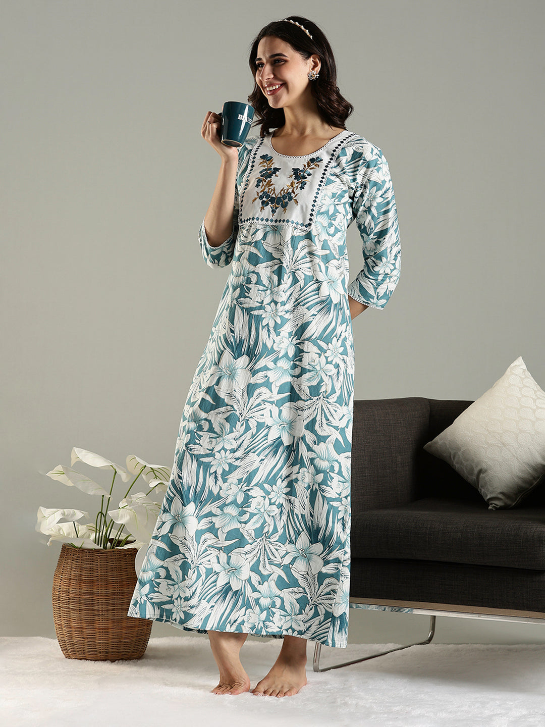 Blue Floral Cotton Nighty For Women with Phulkari Embroidery