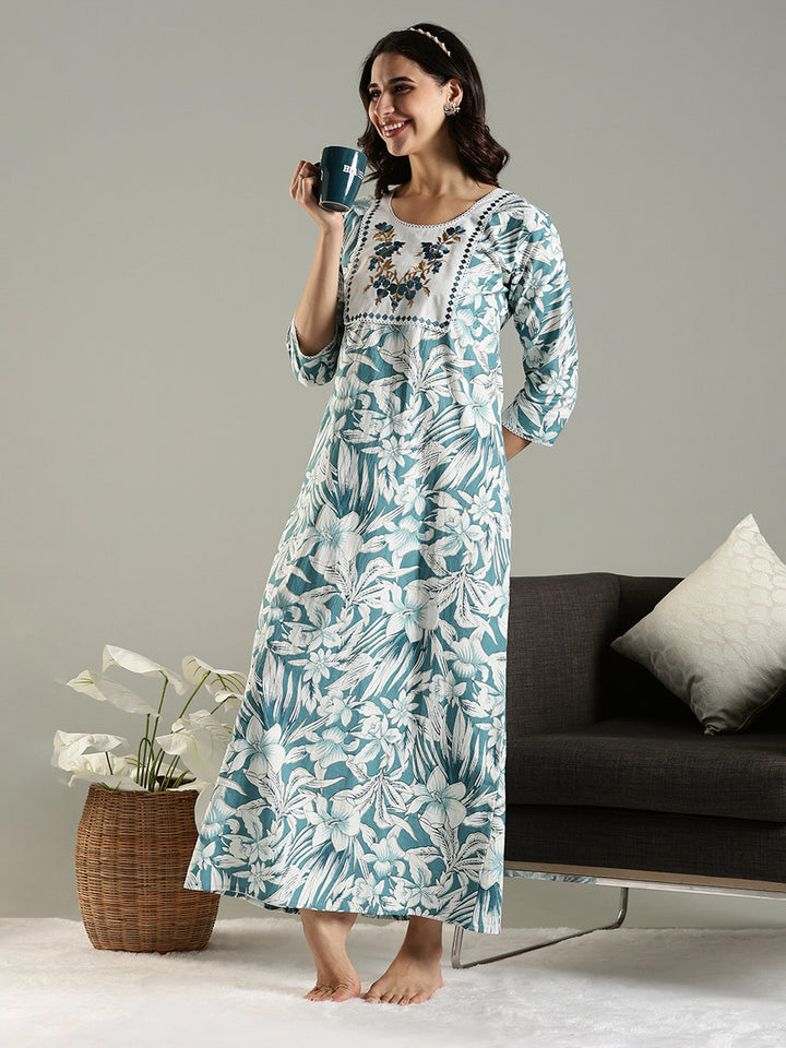 Blue Floral Cotton Nighty For Women with Phulkari Embroidery