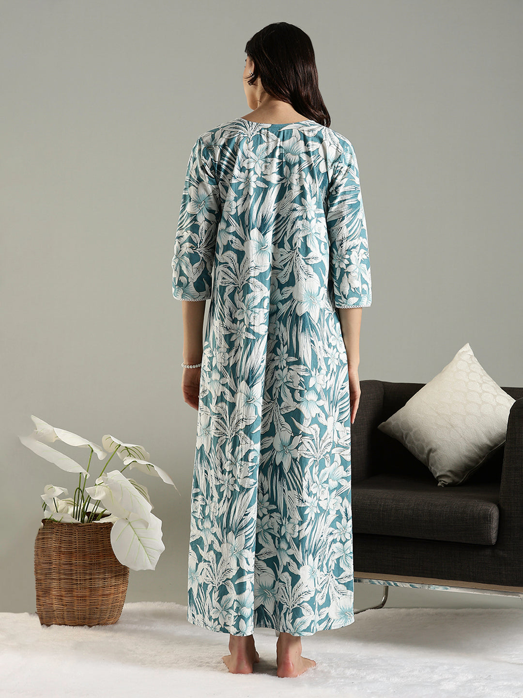 Blue Floral Cotton Nighty For Women with Phulkari Embroidery