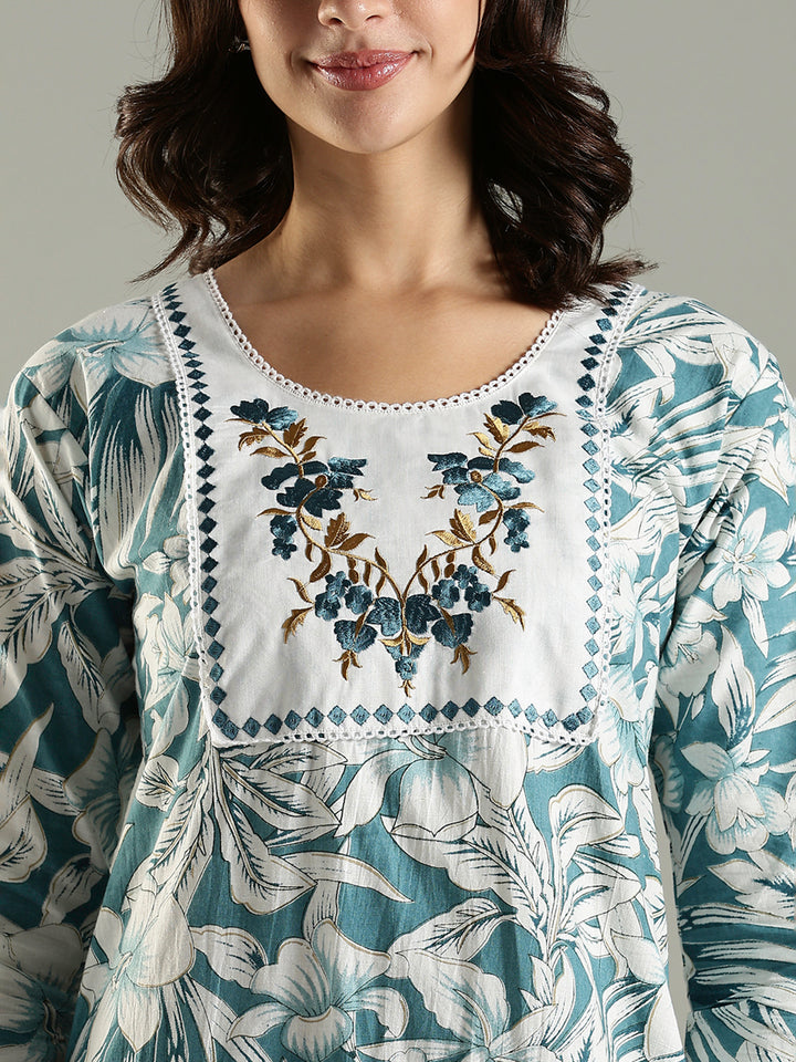 Blue Floral Cotton Nighty For Women with Phulkari Embroidery