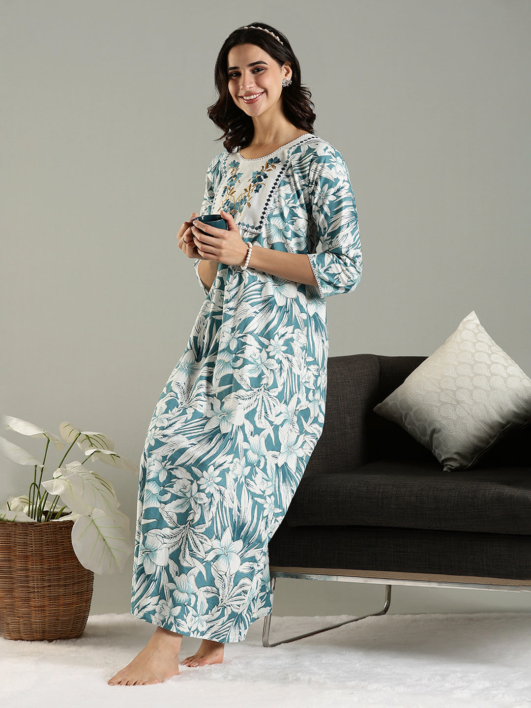 Blue Floral Cotton Nighty For Women with Phulkari Embroidery