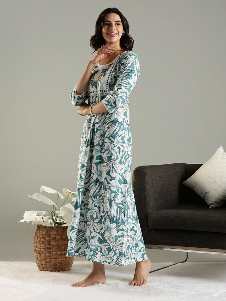 Blue Floral Cotton Nighty For Women with Phulkari Embroidery