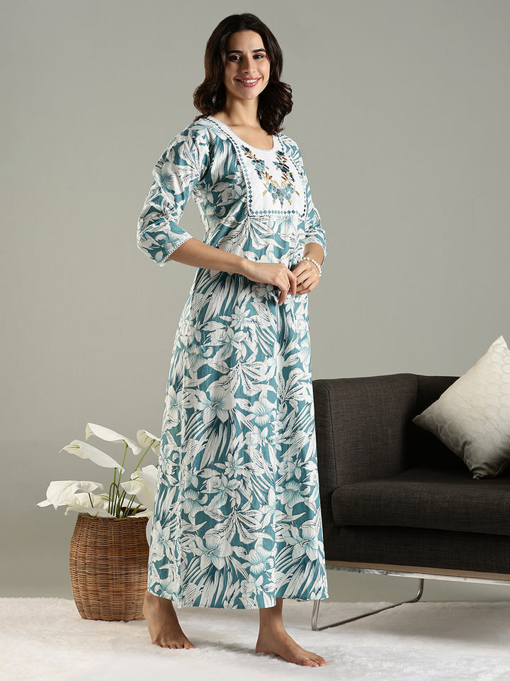 Blue Floral Cotton Nighty For Women with Phulkari Embroidery