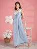 Polka Dot Blue Cotton Nighty for Women with White Embroidered Yoke