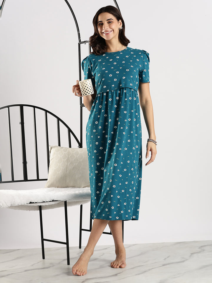 Comfortable Blue Flower Feeding Maternity Nighty for Women