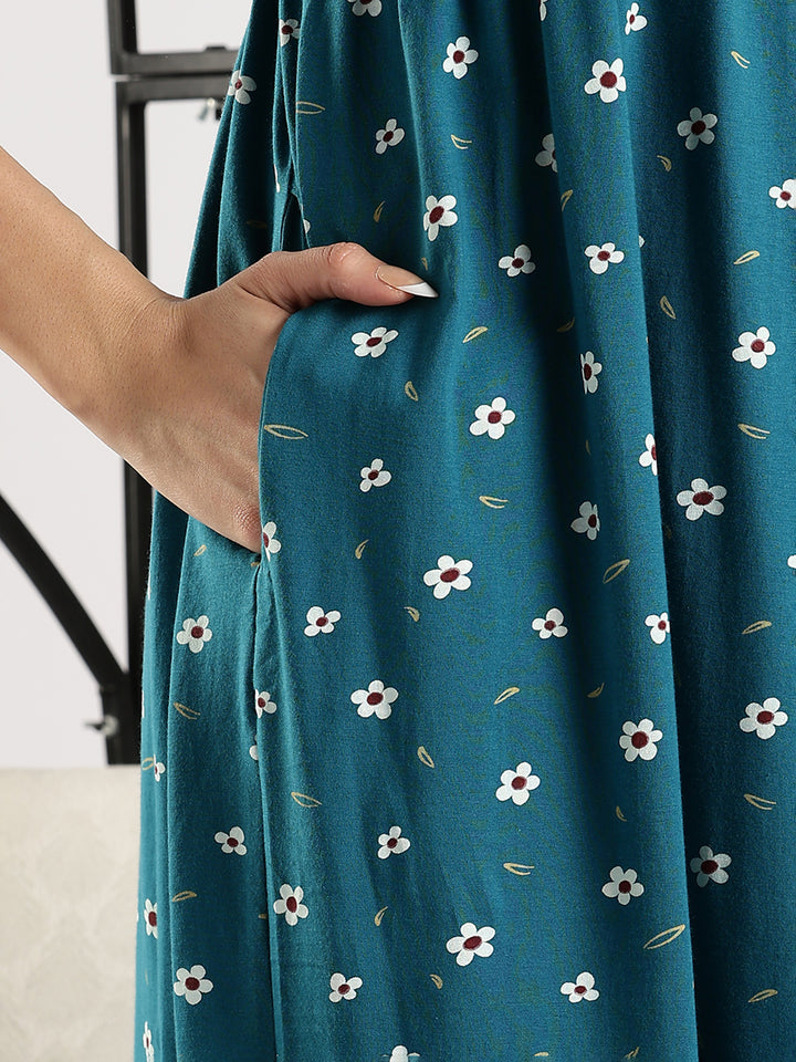 Comfortable Blue Flower Feeding Maternity Nighty for Women