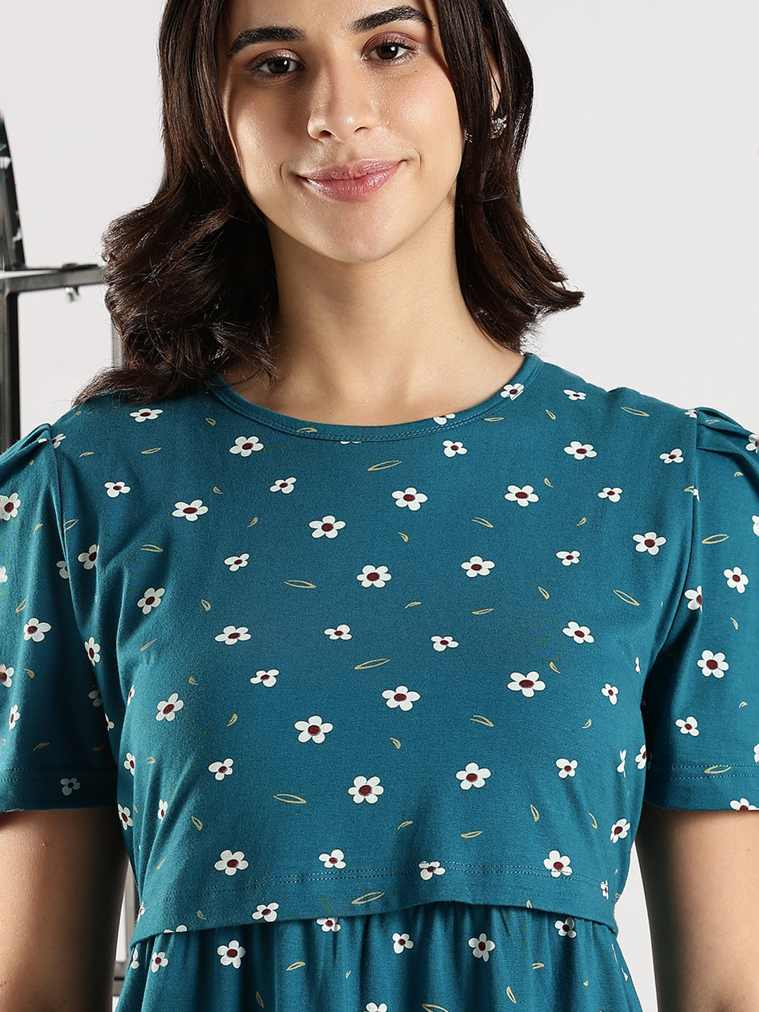 Comfortable Blue Flower Feeding Maternity Nighty for Women