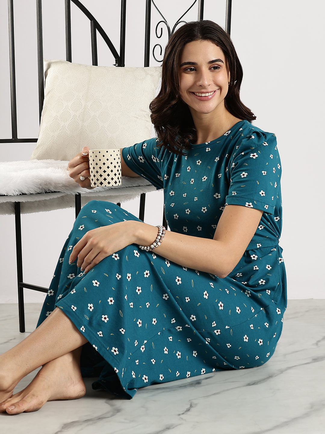 Comfortable Blue Flower Feeding Maternity Nighty for Women