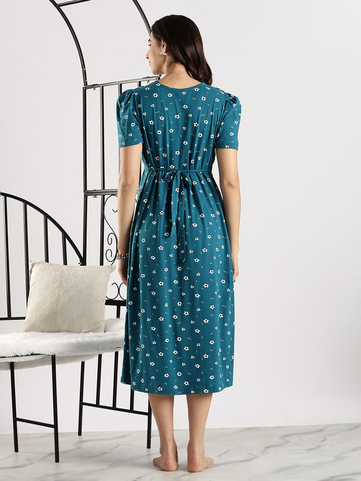 Comfortable Blue Flower Feeding Maternity Nighty for Women