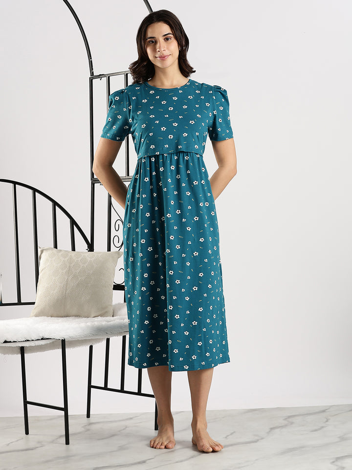 Comfortable Blue Flower Feeding Maternity Nighty for Women