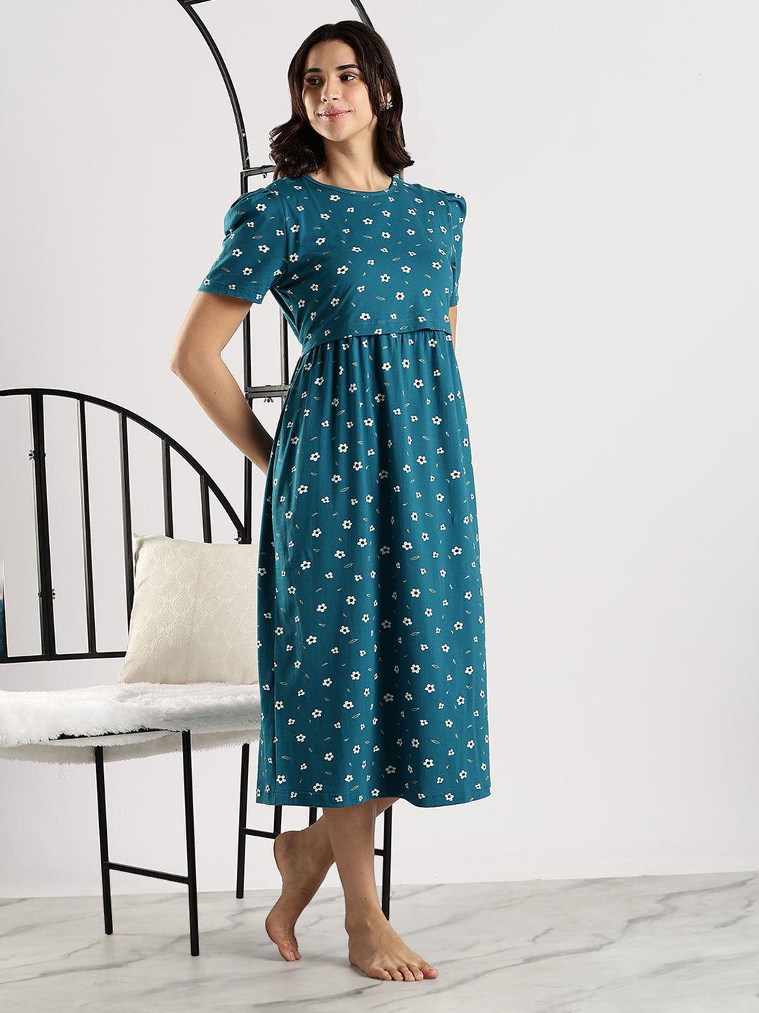Comfortable Blue Flower Feeding Maternity Nighty for Women