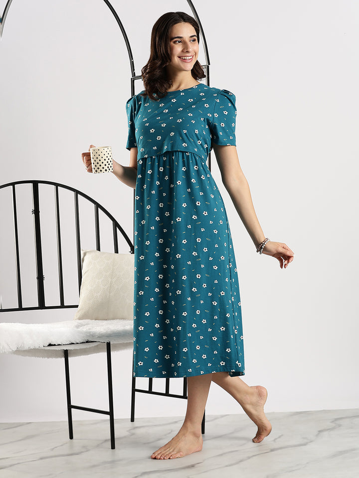 Comfortable Blue Flower Feeding Maternity Nighty for Women
