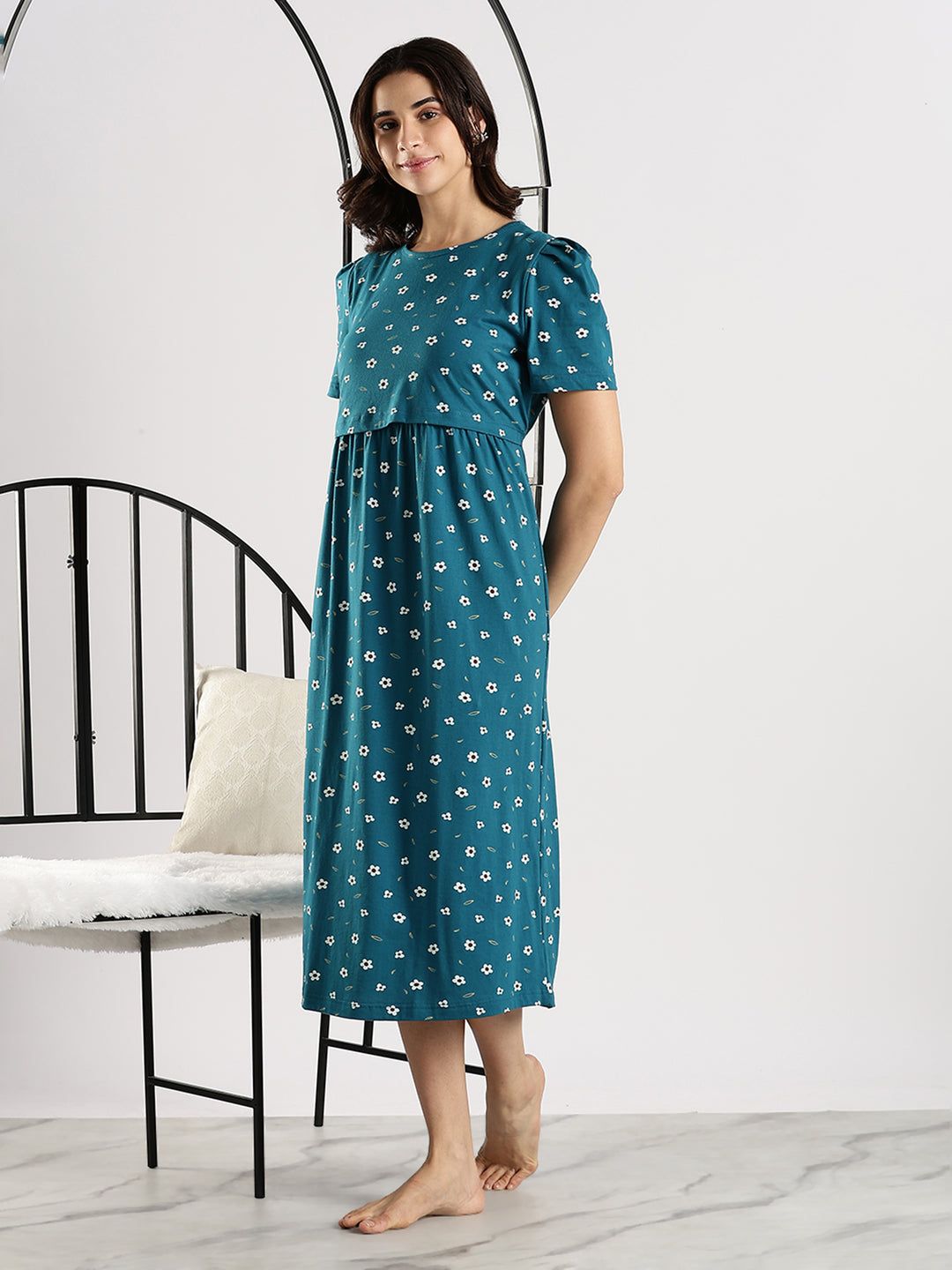 Comfortable Blue Flower Feeding Maternity Nighty for Women