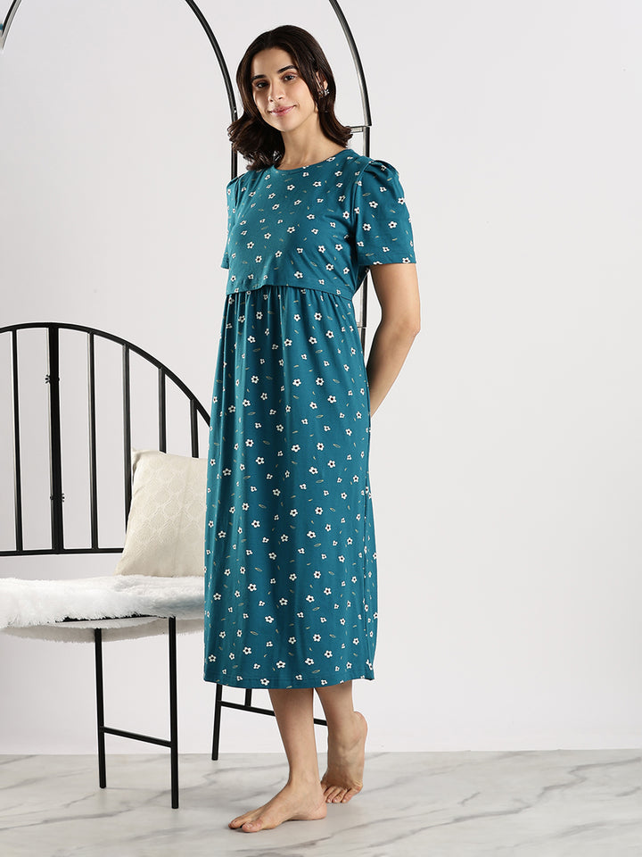 Comfortable Blue Flower Feeding Maternity Nighty for Women