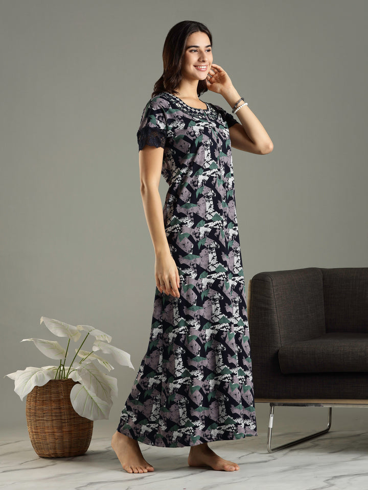 Abstract Blue Front Zip Feeding Nighty for Women