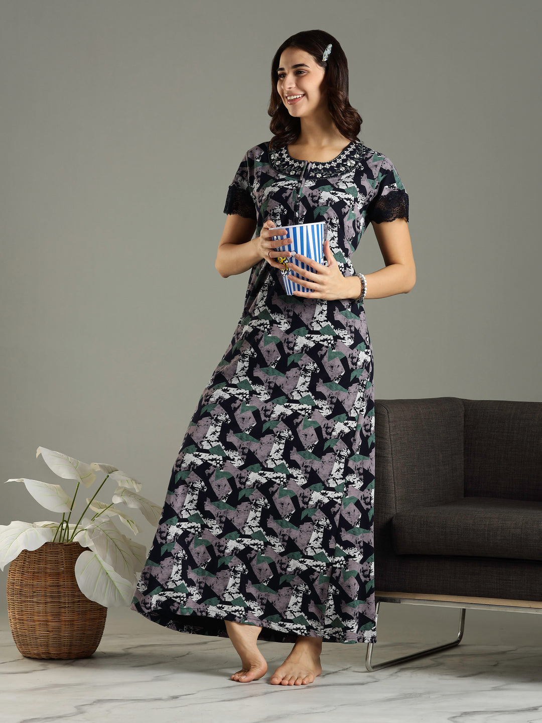 Abstract Blue Front Zip Feeding Nighty for Women