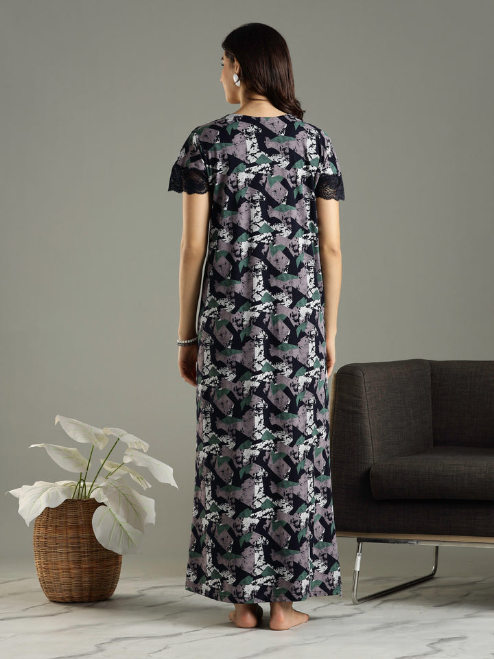 Abstract Blue Front Zip Feeding Nighty for Women