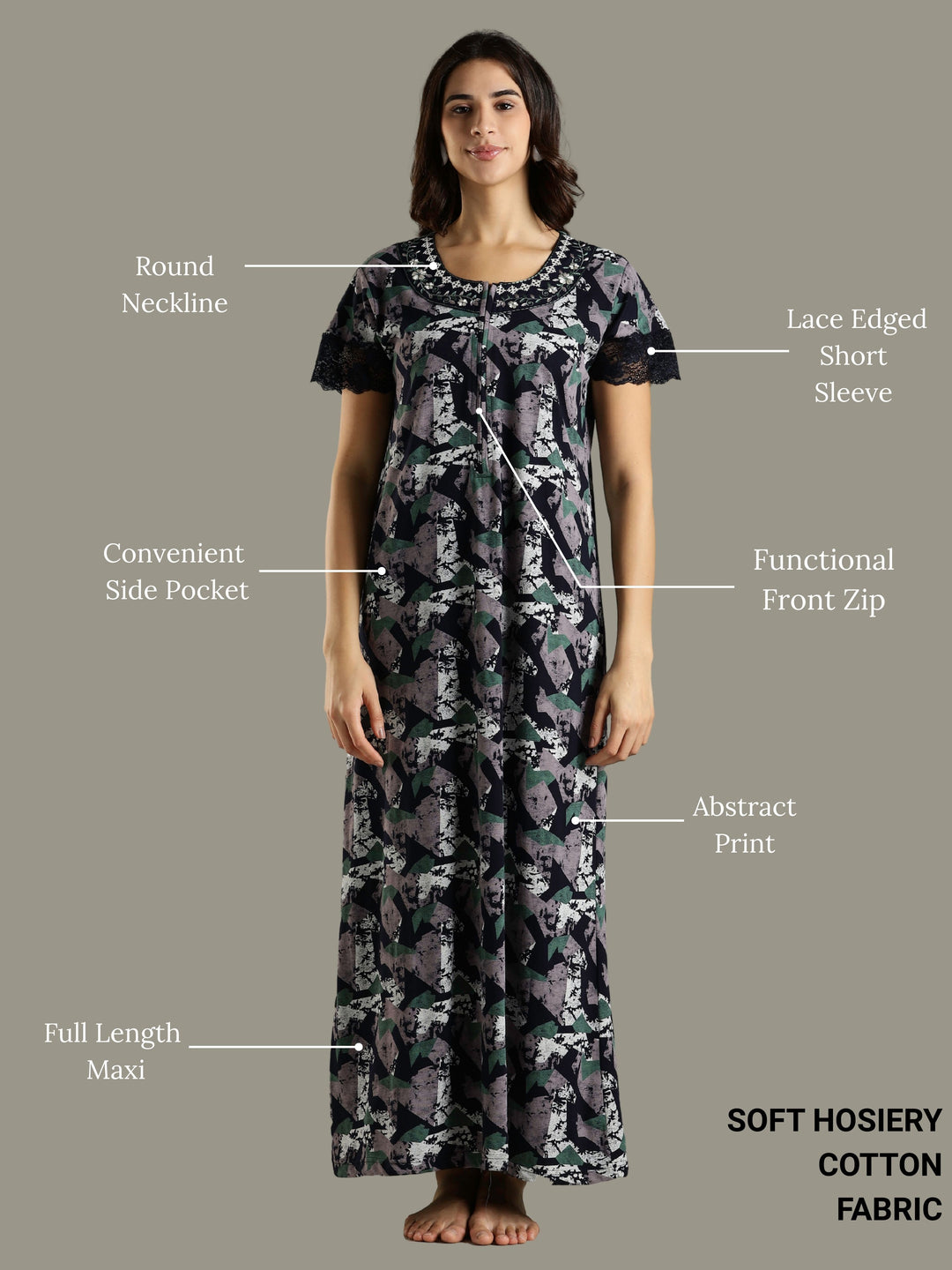 Abstract Blue Front Zip Feeding Nighty for Women