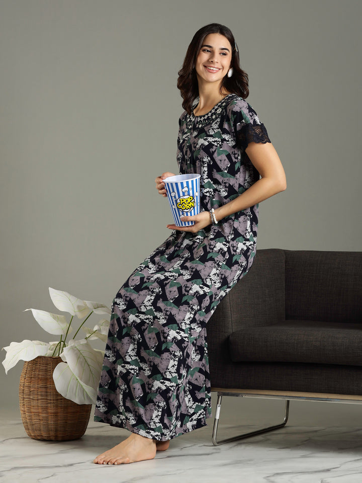 Abstract Blue Front Zip Feeding Nighty for Women