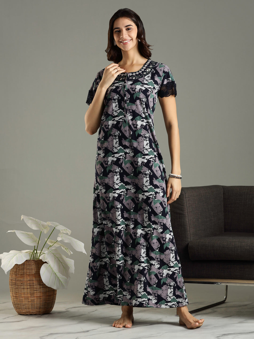 Abstract Blue Front Zip Feeding Nighty for Women