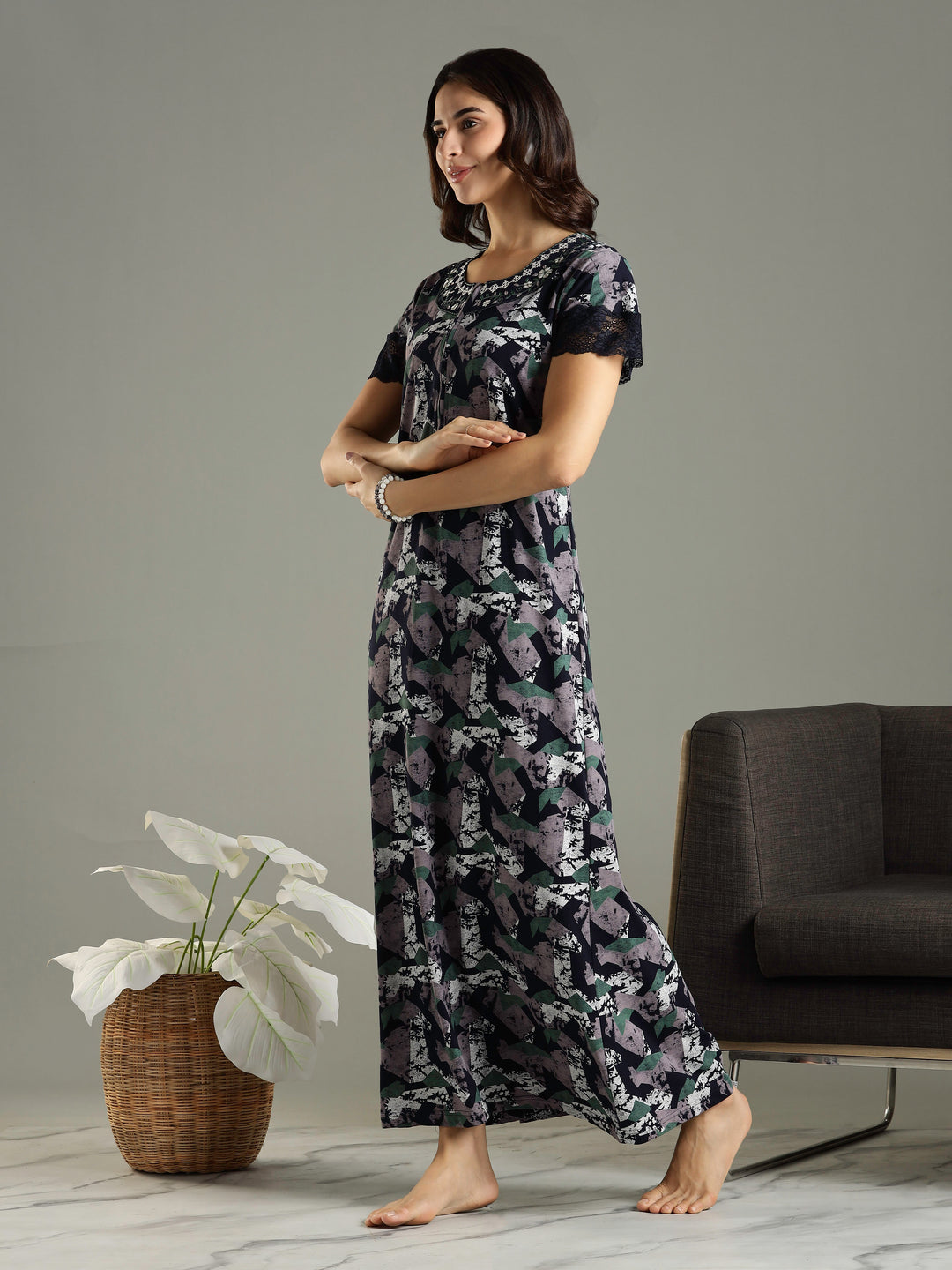 Abstract Blue Front Zip Feeding Nighty for Women