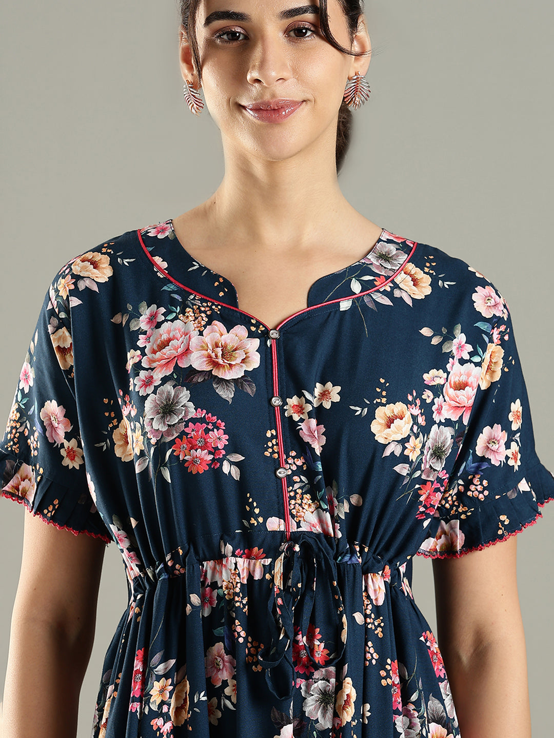 Blue Floral Premium Rayon Frock Style Nighty for Women