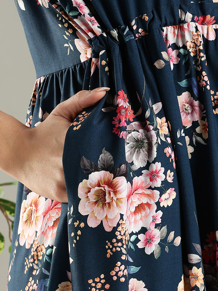 Blue Floral Premium Rayon Frock Style Nighty for Women