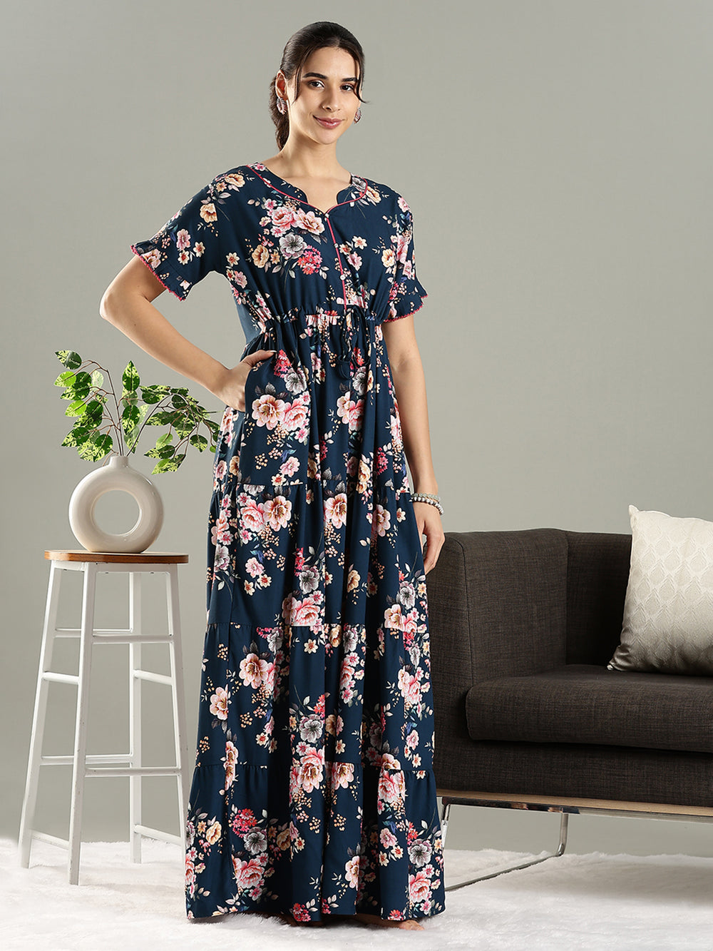 Blue Floral Premium Rayon Frock Style Nighty for Women