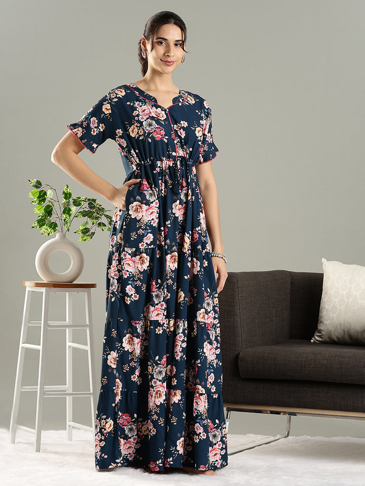 Blue Floral Premium Rayon Frock Style Nighty for Women