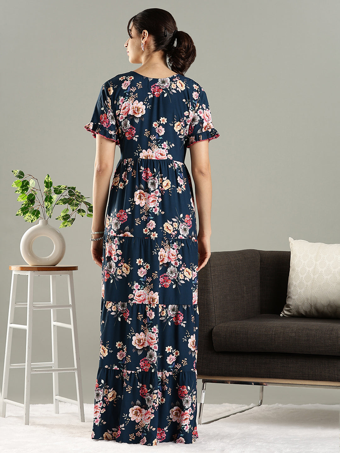 Blue Floral Premium Rayon Frock Style Nighty for Women