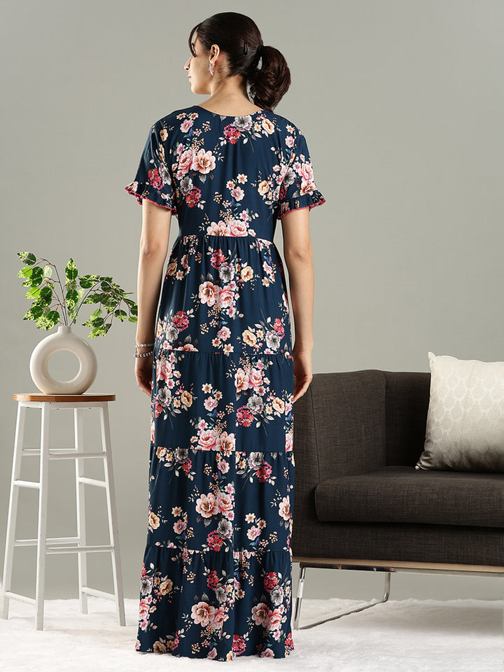 Blue Floral Premium Rayon Frock Style Nighty for Women