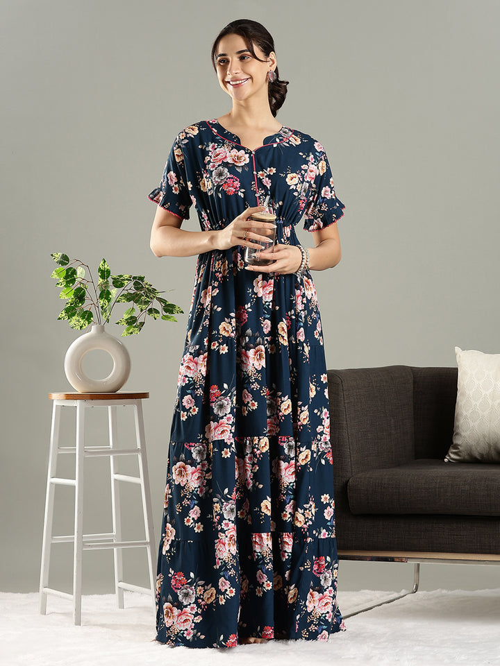 Blue Floral Premium Rayon Frock Style Nighty for Women