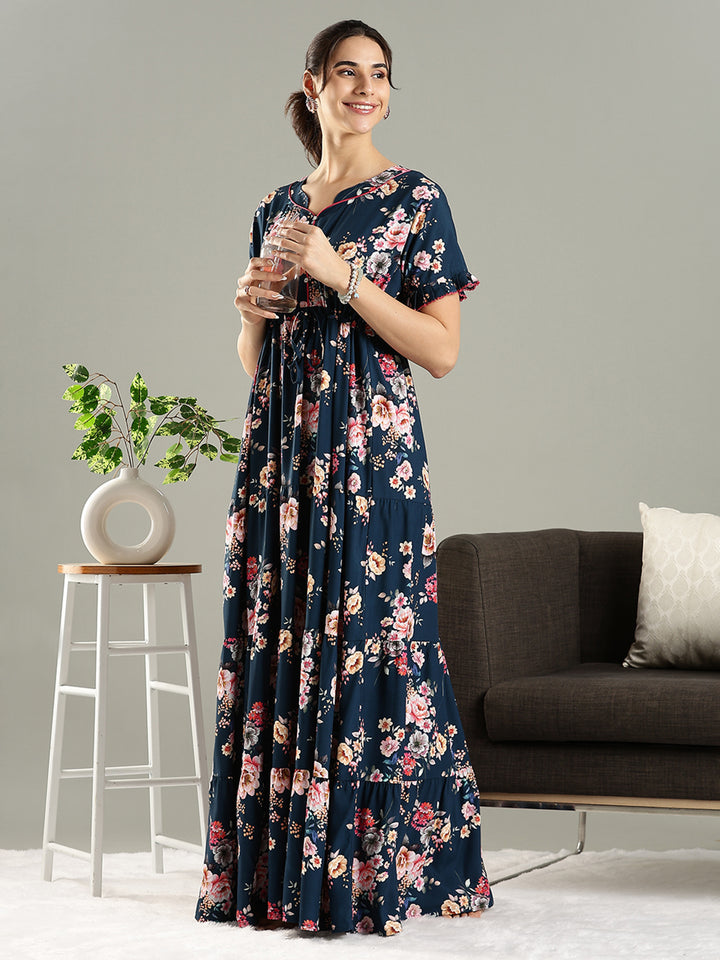 Blue Floral Premium Rayon Frock Style Nighty for Women